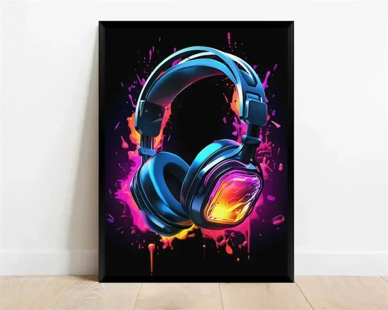 Pop Neon Video Game Character Poster Gamepad Headphones Football Basketball Canvas Print Wall Art Decor Gaming Room Decoration