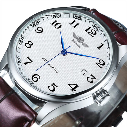 Montre pour homme WINNER – Style classique, rétro et élégant – Montre mécanique automatique avec calendrier – Marque de luxe, boîtier en acier et bracelet en cuir