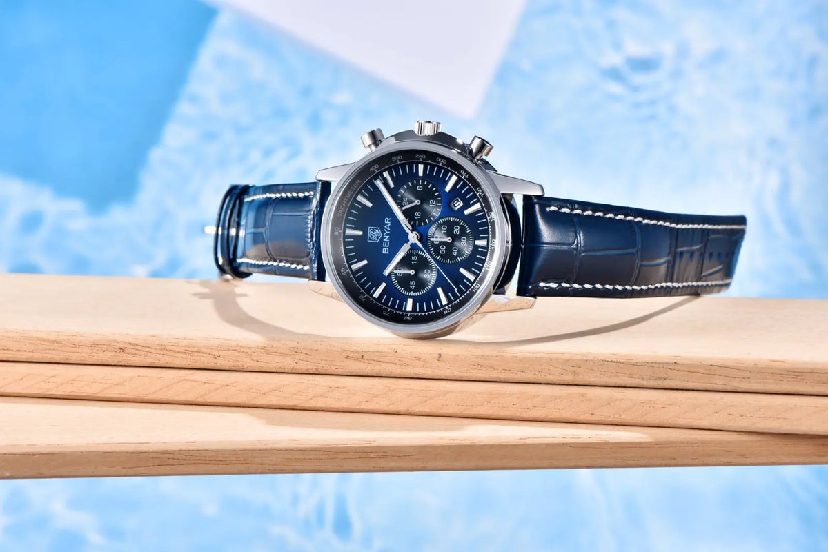 Reloj de lujo para hombre Benyar: cronógrafo con fecha, correa de piel, resistente al agua, luminiscente, estilo deportivo y militar, reloj de cuarzo