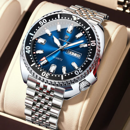 Montre homme POEDAGAR de luxe, style business, avec date et jour de la semaine, étanche et lumineuse, en acier inoxydable et à quartz.