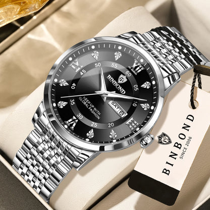 Reloj de pulsera de cuarzo de lujo BINBOND para hombre: resistente al agua, luminiscente y con indicador del día de la semana; estilo ejecutivo, deportivo, de moda y desenfadado