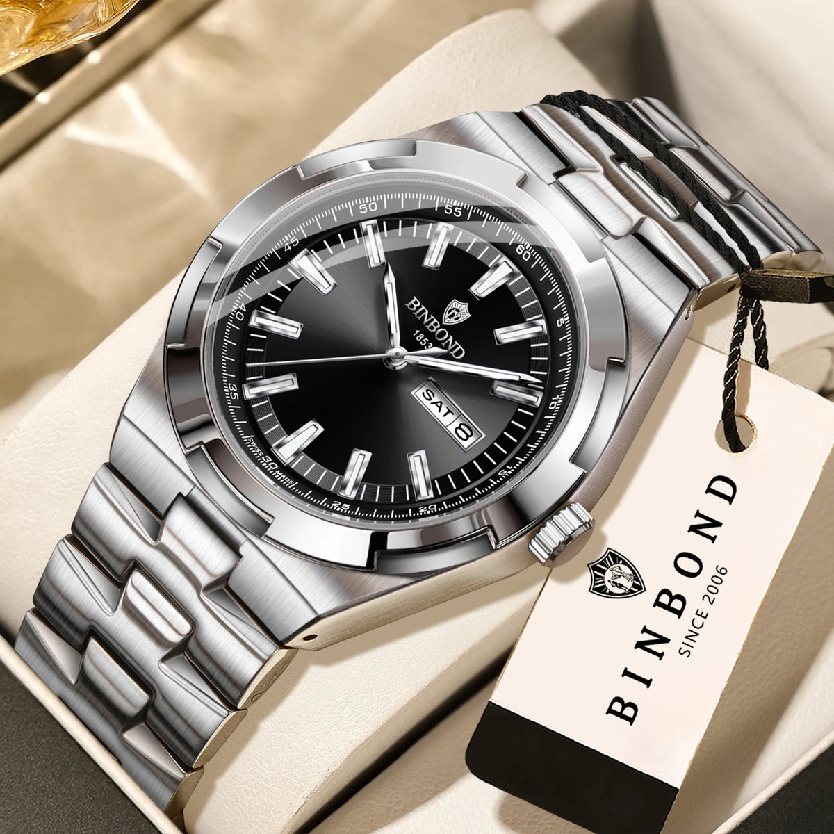 Relojes de cuarzo BINBOND de acero inoxidable para hombre – Reloj de lujo, resistente al agua y luminiscente – Modelo original para hombre