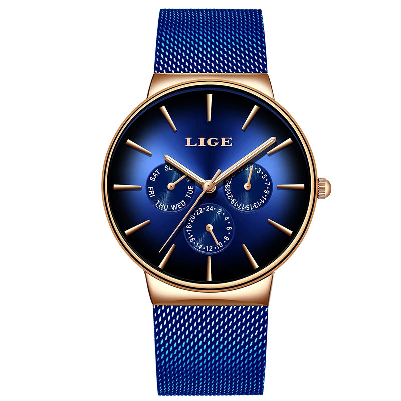 Reloj de mujer LIGE, elegante y a la última: estilo deportivo e informal, correa de malla, mecanismo de cuarzo, indicador de fecha y día, resistente al agua.