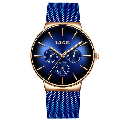 Reloj de mujer LIGE, elegante y a la última: estilo deportivo e informal, correa de malla, mecanismo de cuarzo, indicador de fecha y día, resistente al agua.