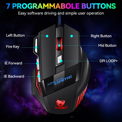 T-WOLF Wired Gaming Mouse 7-Button RGB Backlit Ergonomic Mechanical Mouse for PC Gamer