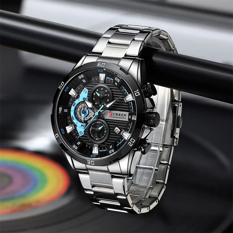 Reloj de lujo para hombre CURREN 8402, nuevo, de acero inoxidable, hermético, con cronógrafo y luz nocturna.