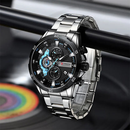 Reloj de lujo para hombre CURREN 8402, nuevo, de acero inoxidable, hermético, con cronógrafo y luz nocturna.