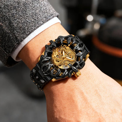 A men's yellow and black retro style classical irregular dragon patterned tourbillon mechanical watch