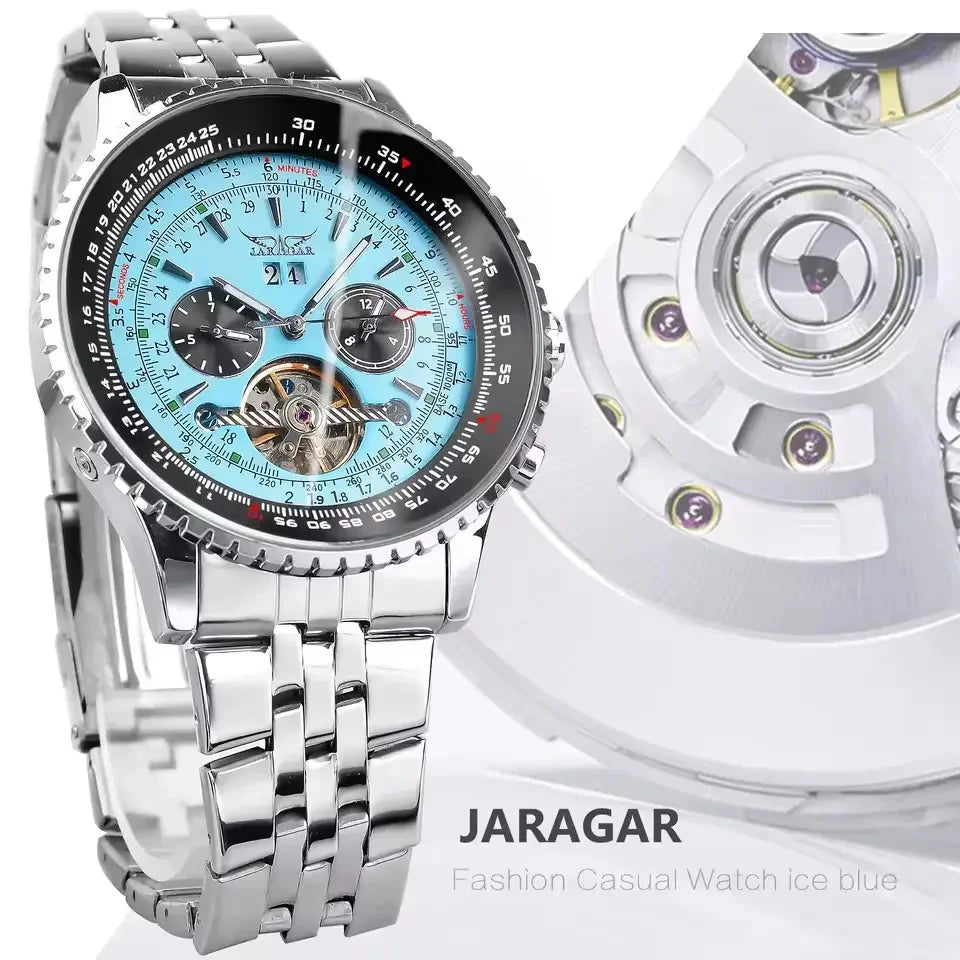 Montre mécanique automatique rétro de luxe JARAGAR 034, tourbillon, squelette creux, acier inoxydable, calendrier de la semaine, montre pour homme