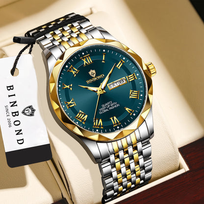 Montre-bracelet de luxe à quartz BINBOND Original Brand pour homme, lumineuse, étanche, date automatique, affichage du jour de la semaine, style décontracté.