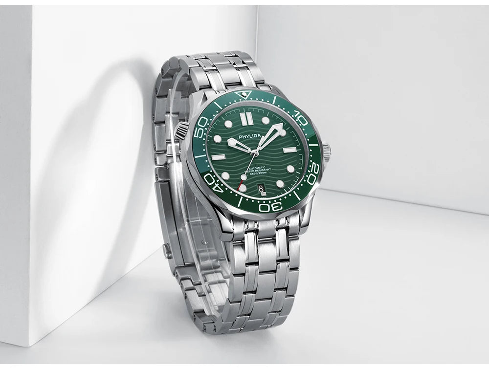 PHYLIDA New Green Dial PT5000 MIYOTA Automatic Watch DIVER 200M Sapphire Crystal Solid Bracelet WR 20Bar