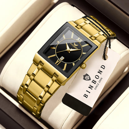 Montre-bracelet de luxe BINBOND à quartz précis pour homme, lumineuse, étanche, date automatique, en acier inoxydable durable, style décontracté.