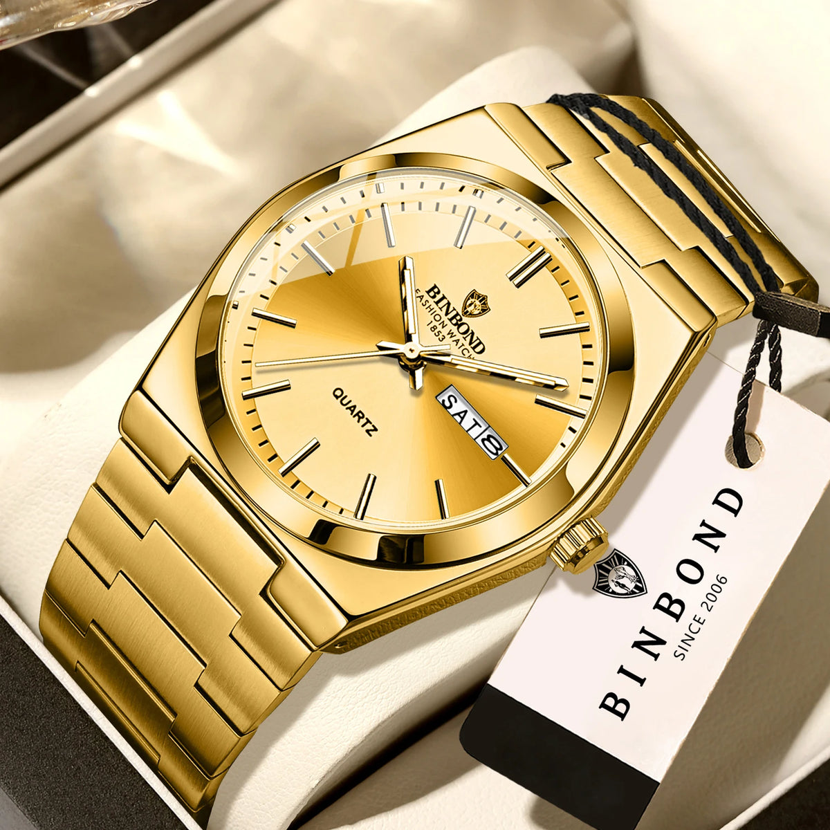 Reloj de pulsera de cuarzo de lujo BINBOND, luminiscente, resistente al agua, con indicación del día de la semana y fecha automática, correa de acero, estilo ejecutivo, deportivo, moderno y desenfadado.