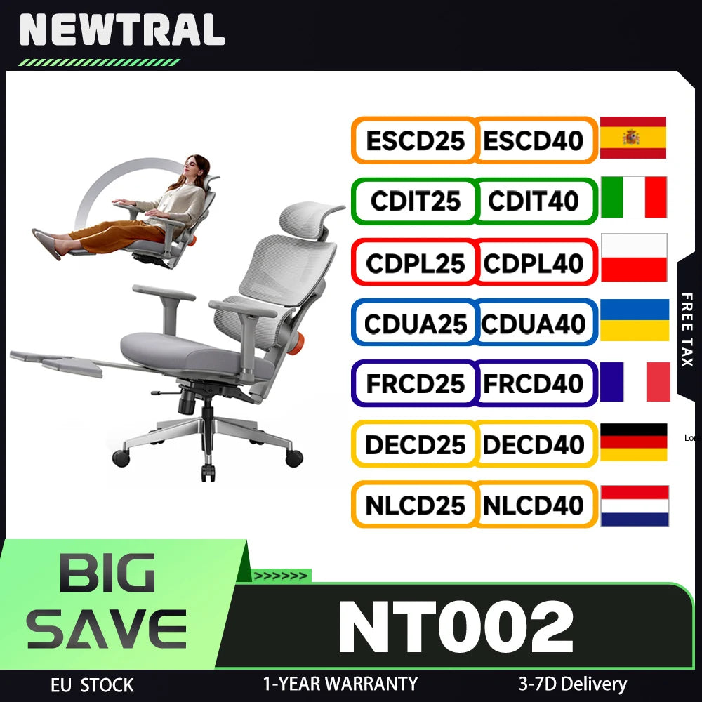 NEWTRAL NT002 Ergonomic Chair, Adaptive Lower Back Support, Adjustable Armrest Headrest Footrest, Gray, Cushioned 4D Armrest