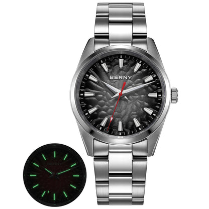 Montre pour homme BERNY – Montre à quartz élégante et classique, étanche à 10 ATM, dotée d'un verre saphir et d'aiguilles luminescentes, idéale pour une tenue habillée ou professionnelle, avec bracelet en cuir.