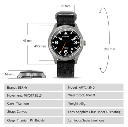 BERNY Full Titanium Automatic Watch for Men Sapphire AR Coated 10Bar Supper Luminous Men Wristwatch Sports Aviation Men Watches