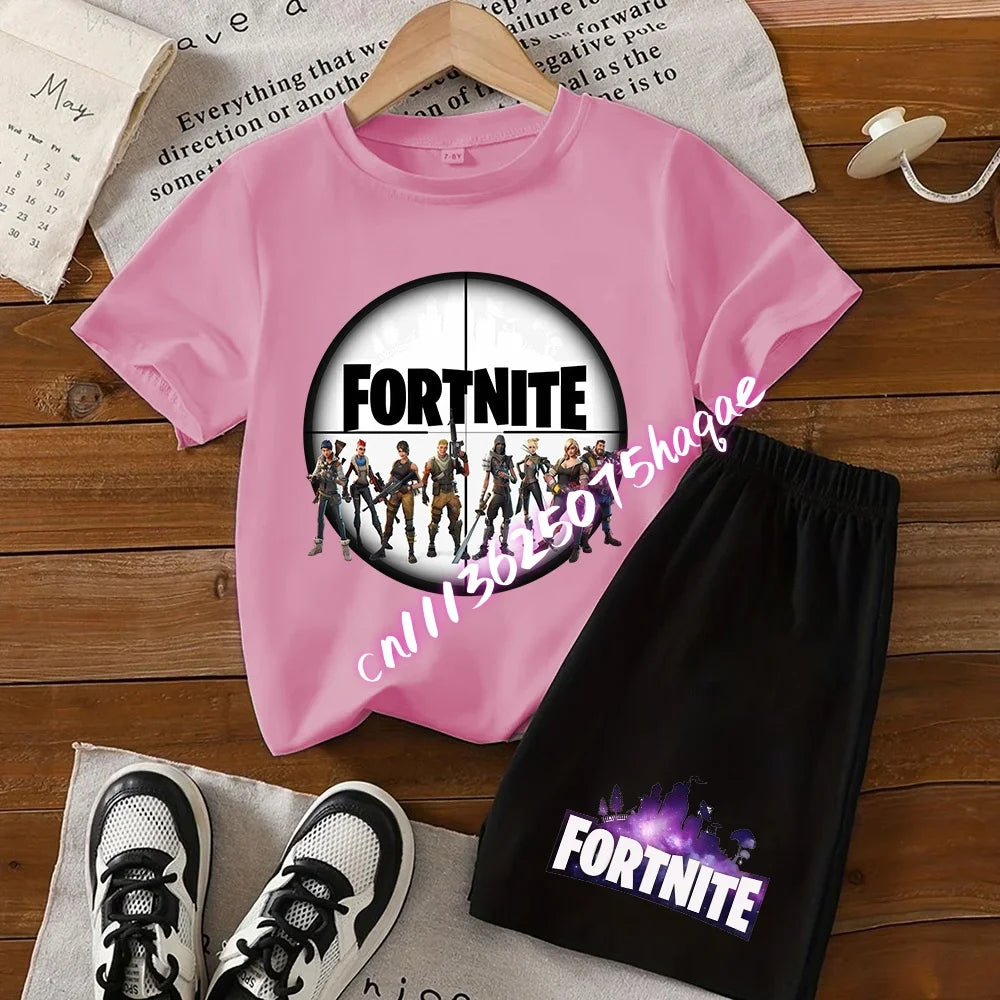 Sommerliches Fortnite-Kinder-Set: T-Shirt und Shorts, 2-teilig, Anime-Design, kurzärmelig, aus Baumwolle, lässige Sportbekleidung, Geschenkidee