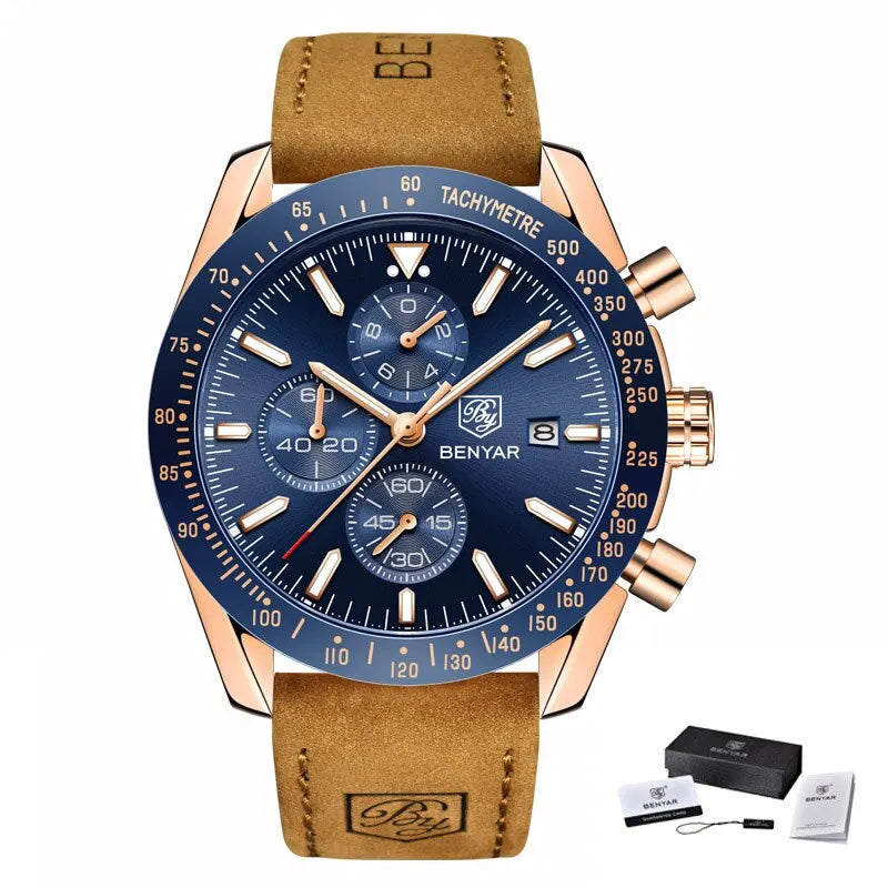 Relojes de lujo para hombre BENYAR: relojes de pulsera de cuarzo con correa de piel, resistentes al agua hasta 30 m, estilo deportivo.