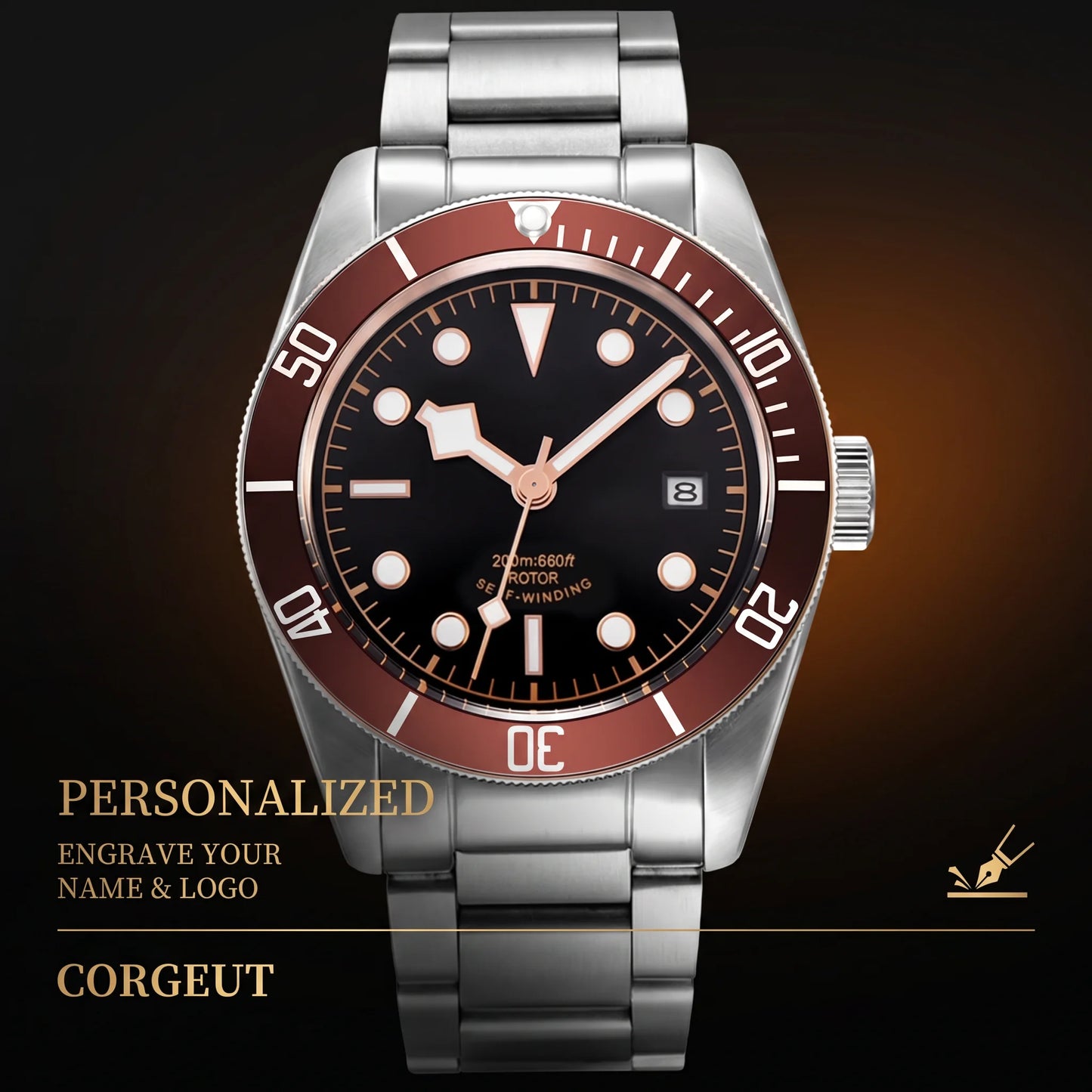 41MM Custom Name NH35A / Miyota 8215 Personalized Men's Automatic Watch Black Dial · Sapphire Crystal · 20ATM · Name & Logo E