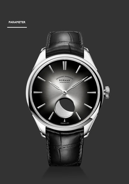 Borman Mens Automatic Watches Luxury Moon Phase Male Watch Mechanical Wristwatch Fashion 50M Waterproof Sapphire Leather Strap