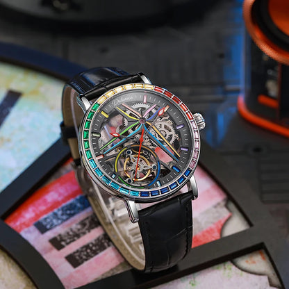 Reloj esqueleto para hombre, de estilo moderno, adornado con piedras preciosas de los colores del arcoíris y dotado de un tourbillon; reloj mecánico automático de lujo, hermético hasta 30 metros.