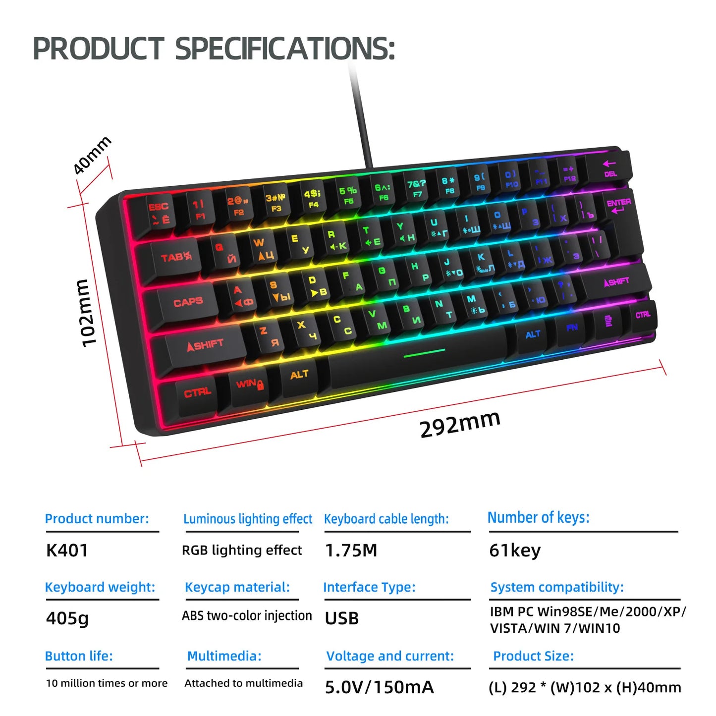Russian Keyboard English RGB Lighting 61 Keys 60% Layout Gaming Keyboard ISO USB Wired Full Key No Impact K401 For Game Office