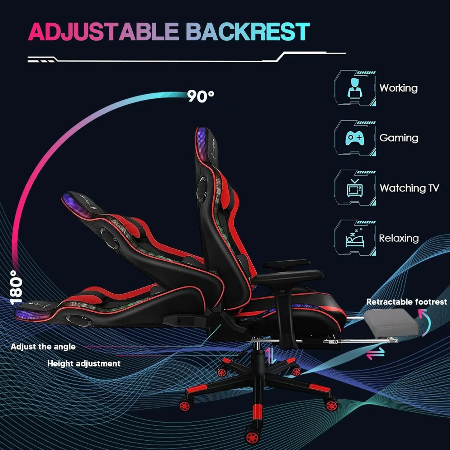 Massage Gaming Chair with Speakers and RGB LED Lights Ergonomic Computer Gaming Chair with Lumbar Support Swivel & Adjustable