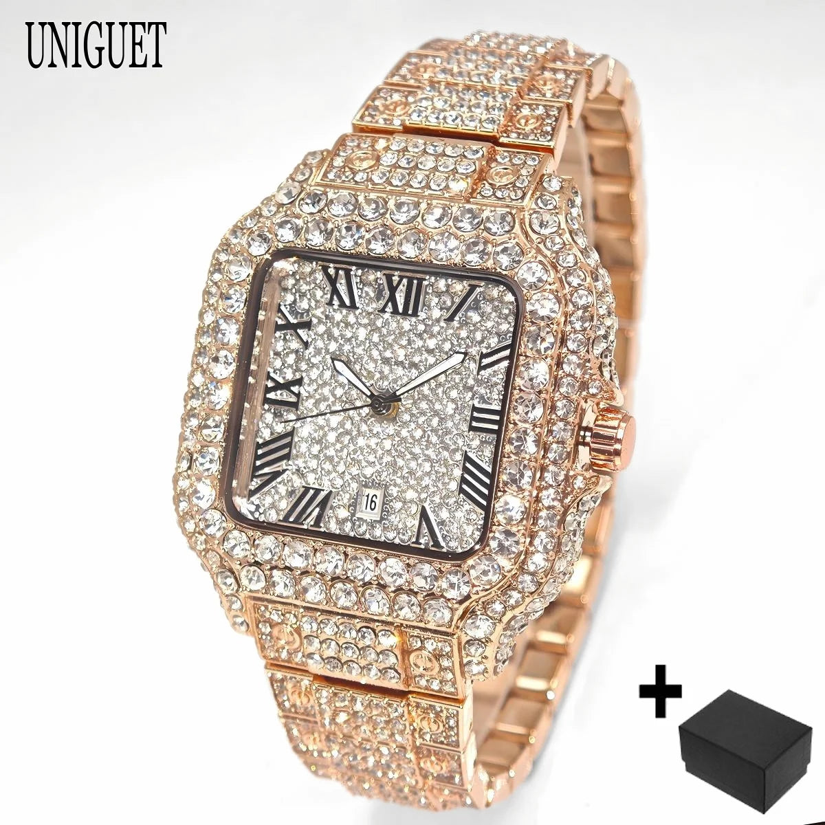 UNIGUET Cool Men's Watch Luxury Stainless Steel Quartz Watch Hip Hop Black Diamond Square Design Fashion Iced Wristwatch for Men