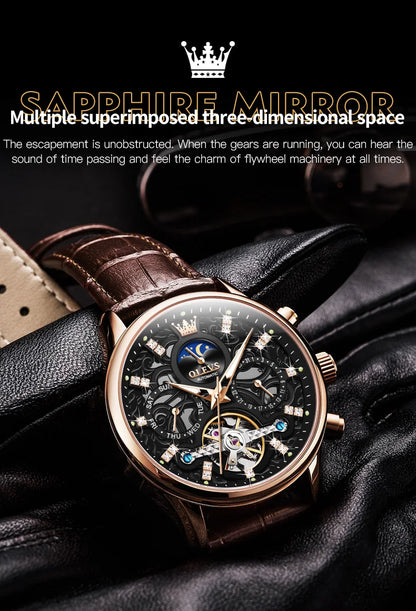 OLEVS 6658 Automatic Mechanical Watch for Man Leather Strap Waterproof Moon Phase Business Dress Men's Watches