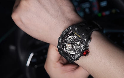 TSAR BOMBA Carbon Fiber Automatic Mechanical Watch for Men Waterproof Skeleton Mens Watches Top Brand Luxury Wristwatches