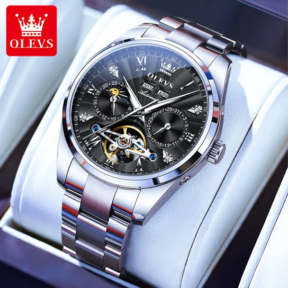 OLEVS 7028 Automatic Mechanical Men's Watch Tourbillon Dial Multifunctional Date Waterproof Luminous Watch for Men