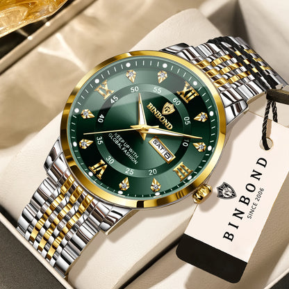 Reloj de pulsera de cuarzo de lujo BINBOND para hombre: resistente al agua, luminiscente y con indicador del día de la semana; estilo ejecutivo, deportivo, de moda y desenfadado