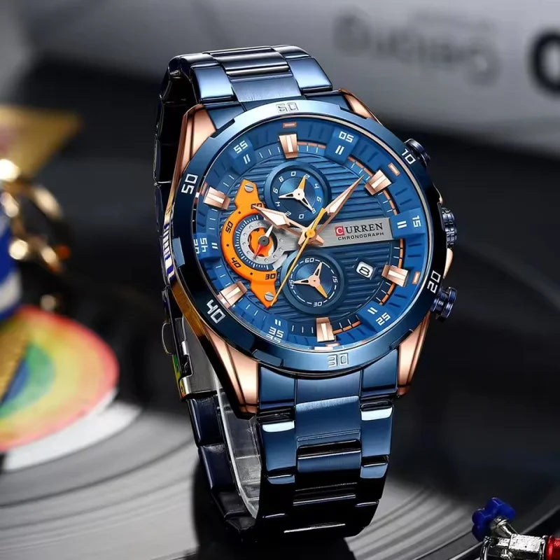 Reloj de lujo para hombre CURREN 8402, nuevo, de acero inoxidable, hermético, con cronógrafo y luz nocturna.