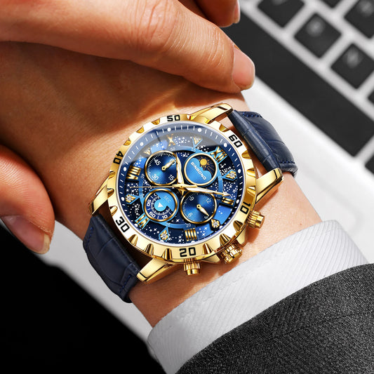 Reloj de pulsera de cuarzo BINBOND, auténtico y preciso, para hombre; cronógrafo de lujo luminiscente y resistente al agua con correa de piel.