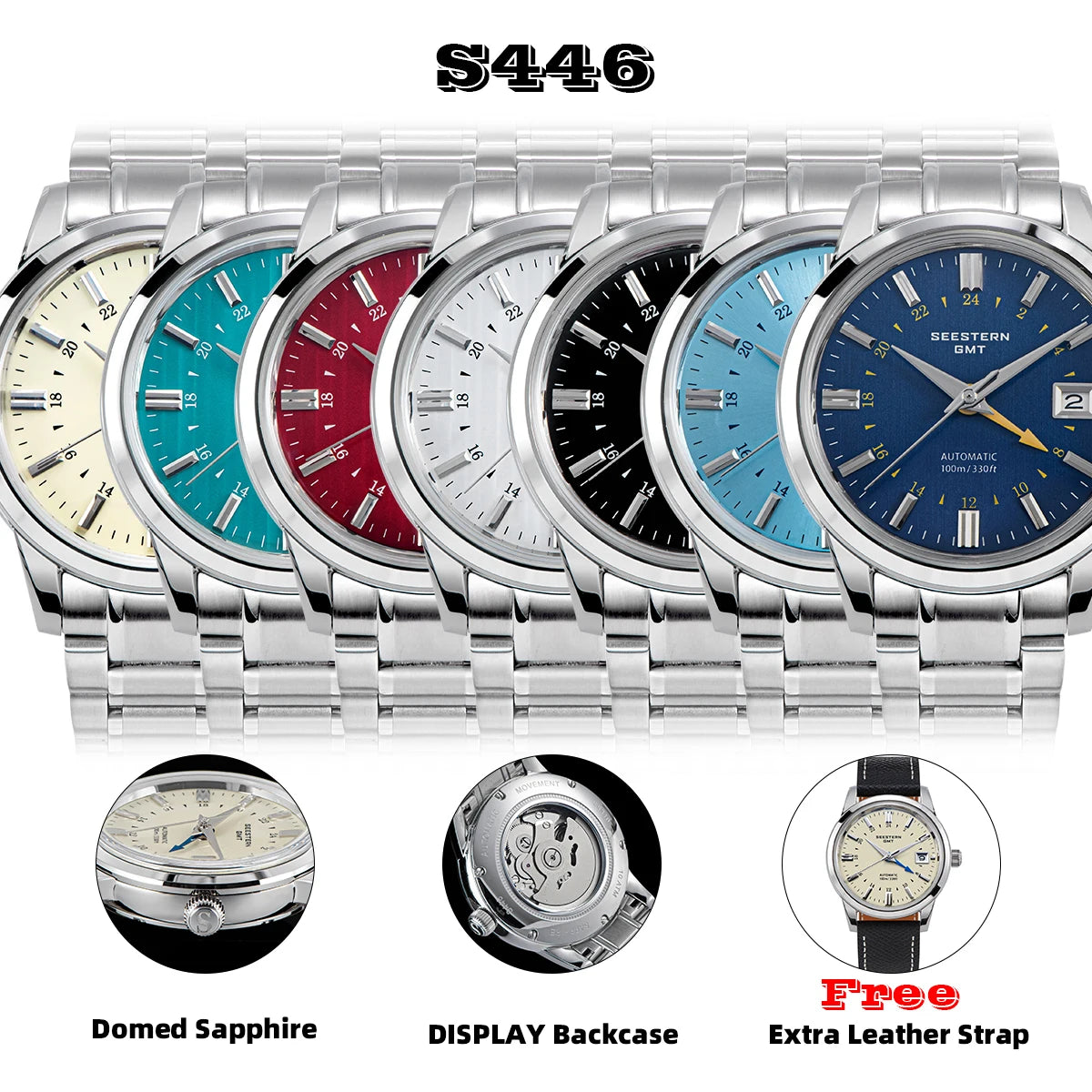 SEESTERN Men's Automatic Mechanical Wristwatch NH34 GMT Movement 10bar Waterproof Domed Sapphire Crystal Watch Limited S446 New
