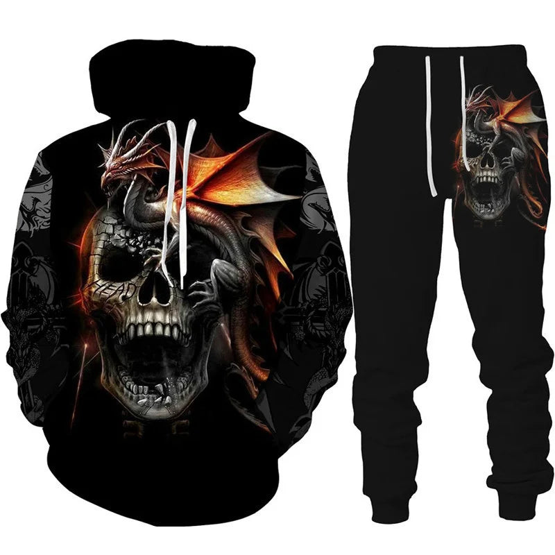 Dres z nadrukiem 3D Retro Dragon Tattoo dla mężczyzn i kobiet, casualowy zestaw z bluzą z kapturem + spodnie, 2 części, oversize, modna odzież męska