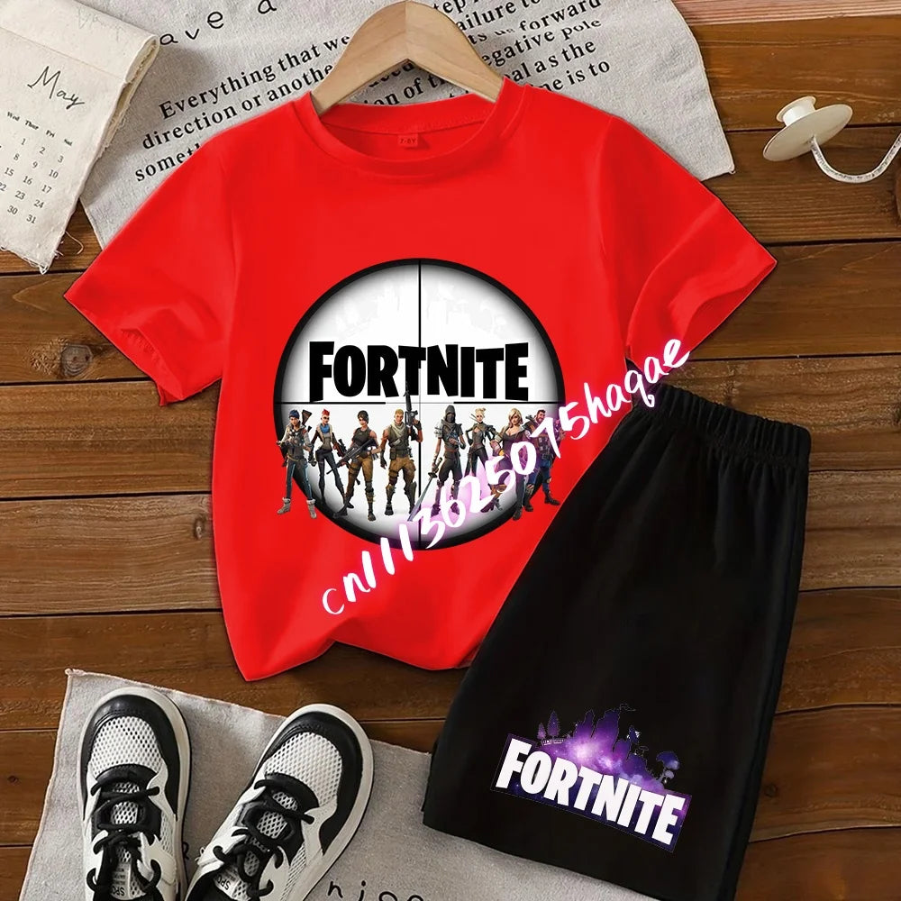 Sommerliches Fortnite-Kinder-Set: T-Shirt und Shorts, 2-teilig, Anime-Design, kurzärmelig, aus Baumwolle, lässige Sportbekleidung, Geschenkidee