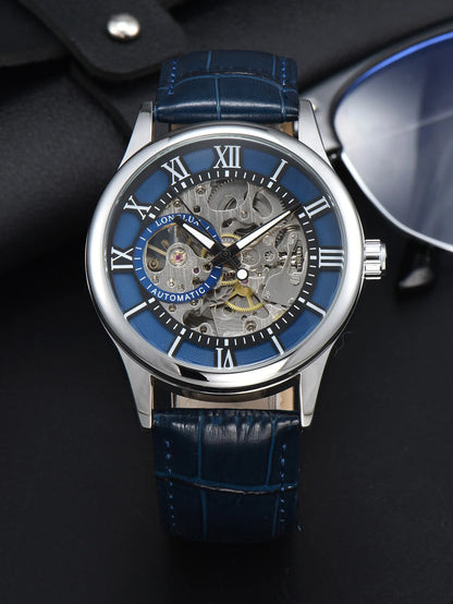 Reloj automático para hombre, estilo de lujo, esfera con números romanos, mecanismo a la vista (esqueleto), resistente al agua, agujas luminiscentes, correa de piel: una opción ideal para regalar.