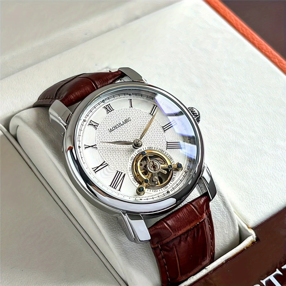 Reloj mecánico automático para hombre: elegante diseño esqueleto, estilo «business casual» de moda, caja de aleación y correa de piel, sin pila