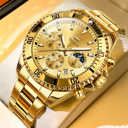 Montre OLEVS pour homme, marque de luxe, montre militaire à quartz dorée, étanche, date lumineuse, boîtier en acier inoxydable.