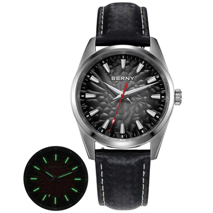 Montre pour homme BERNY – Montre à quartz élégante et classique, étanche à 10 ATM, dotée d'un verre saphir et d'aiguilles luminescentes, idéale pour une tenue habillée ou professionnelle, avec bracelet en cuir.