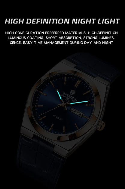 BINBOND Luxury leather strap quartz wristwatches precise luminous waterproof auto date week display durable men's watch reloj