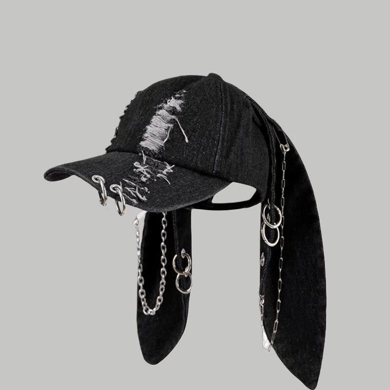 Celebrity-Inspired Niche Rabbit Ear Denim Ripped Baseball Cap Washed Graffiti Hip-Hop Sun Hat Trendy Cap