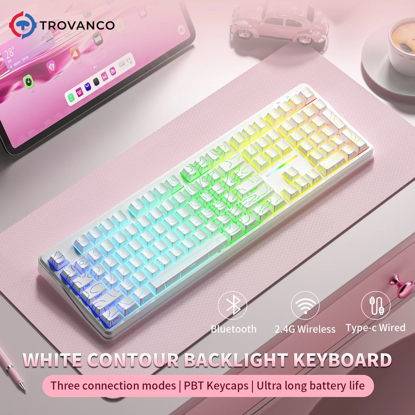 V108 Pro Bluetooth Keyboard  Office Low Noise 2.4G Wired&Wireless Full Layout with RGB Backlit Membrane
