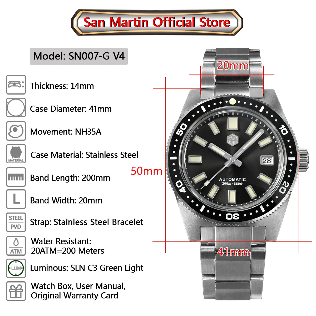 San Martin Official 41mm 62mas V4 Diver Men Watch NH35 Automatic Mechanical Watch Sapphire Glass 200m Waterproof Luminous SN0007
