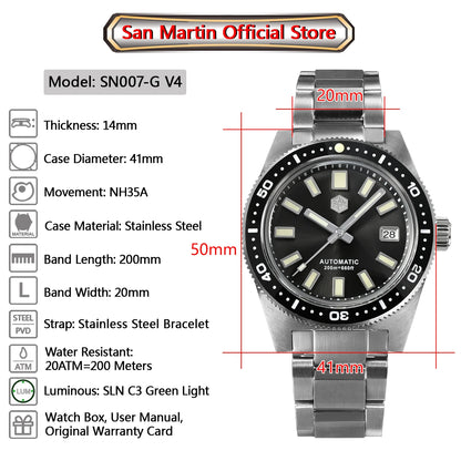 San Martin Official 41mm 62mas V4 Diver Men Watch NH35 Automatic Mechanical Watch Sapphire Glass 200m Waterproof Luminous SN0007
