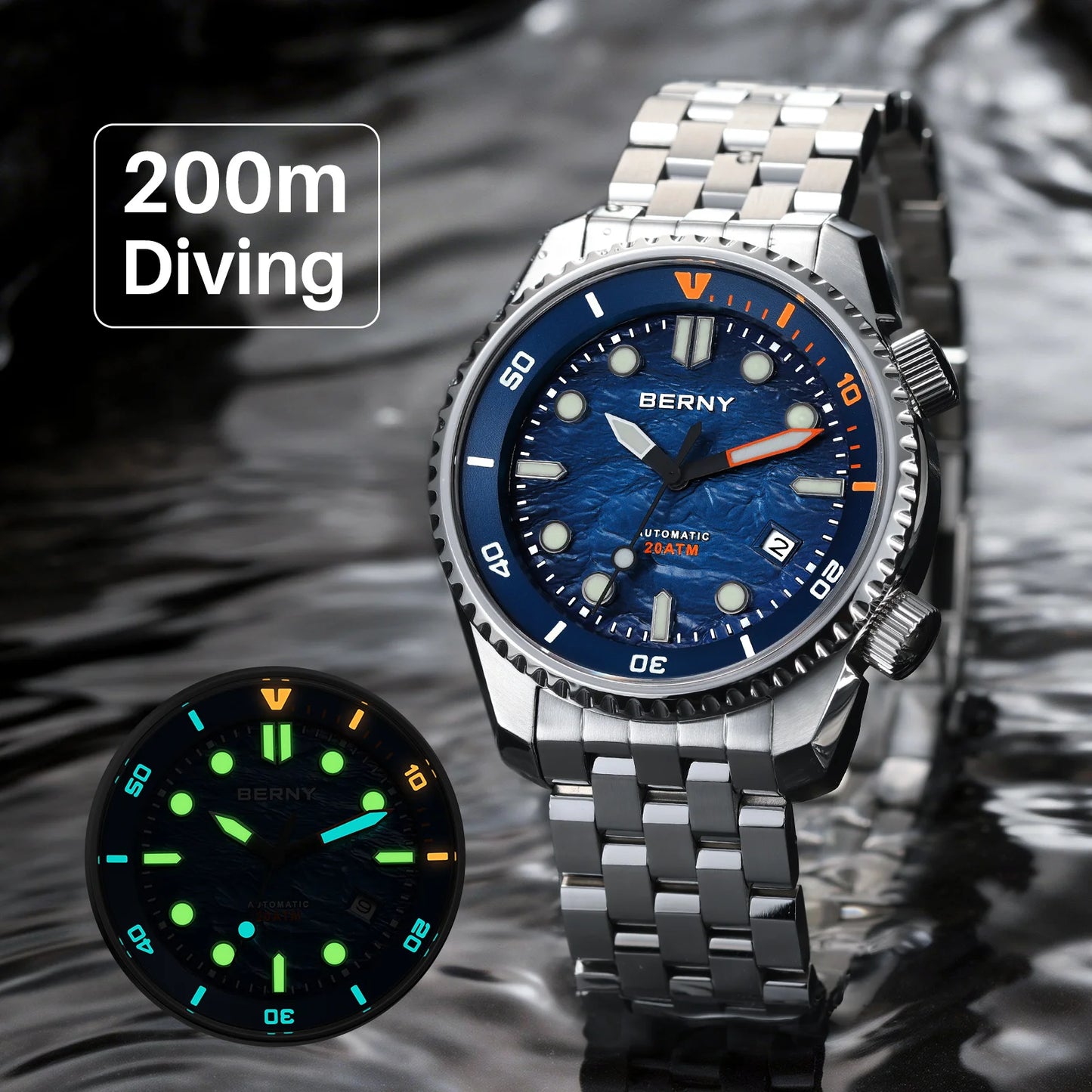 BERNY Automatic Diver Watch for Men Top Luxury Sapphire 316L Steel Blue Dial 200M Waterproof Mechanical Diving Men's Watches