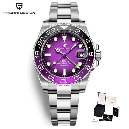 Montre mécanique pour homme Pagani Design GMT – Modèle de luxe avec verre saphir, boîtier en acier inoxydable et lunette en céramique – Montre automatique pour homme, style professionnel