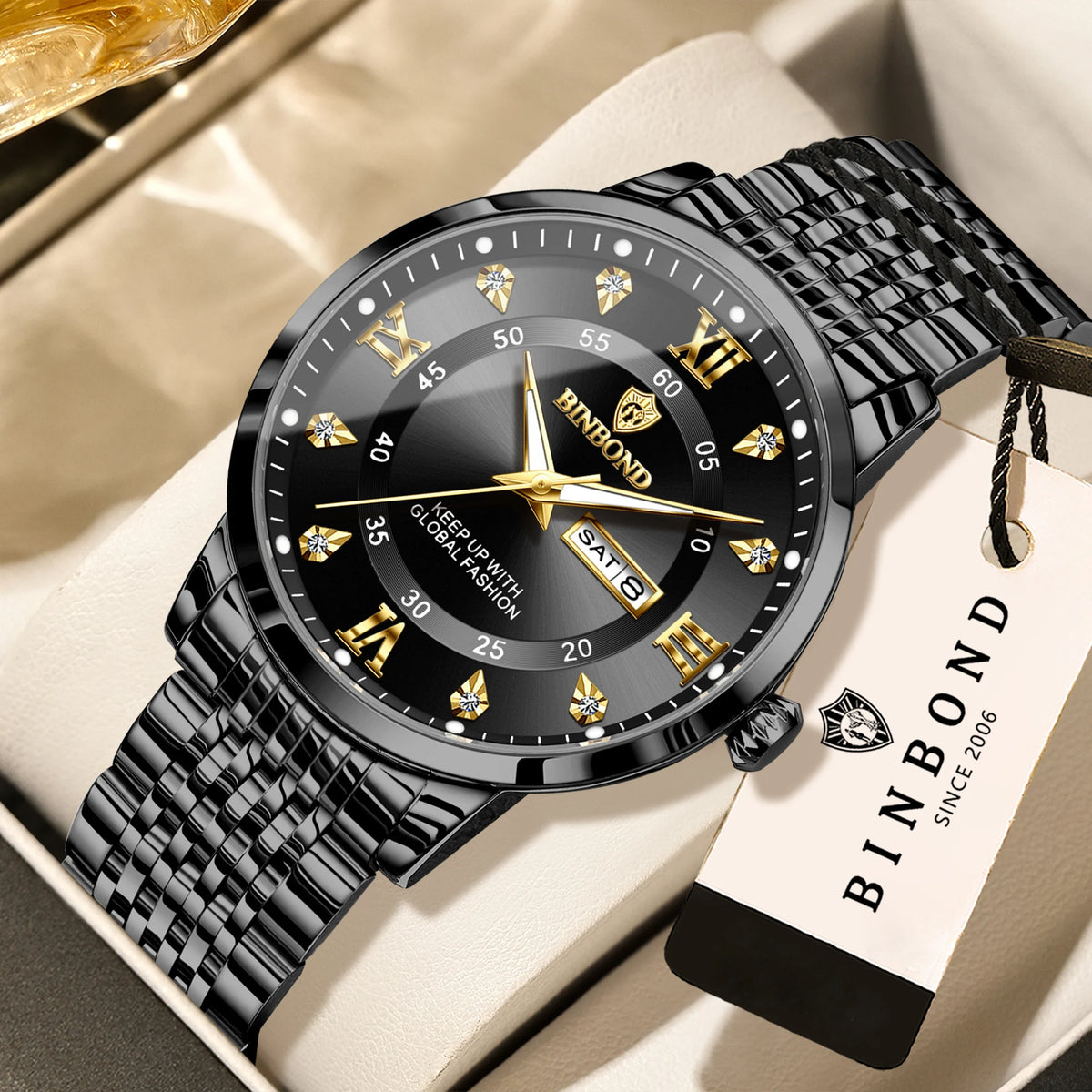Reloj de pulsera de cuarzo de lujo BINBOND para hombre: resistente al agua, luminiscente y con indicador del día de la semana; estilo ejecutivo, deportivo, de moda y desenfadado
