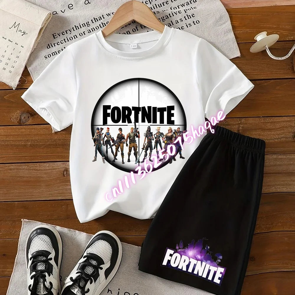 Sommerliches Fortnite-Kinder-Set: T-Shirt und Shorts, 2-teilig, Anime-Design, kurzärmelig, aus Baumwolle, lässige Sportbekleidung, Geschenkidee